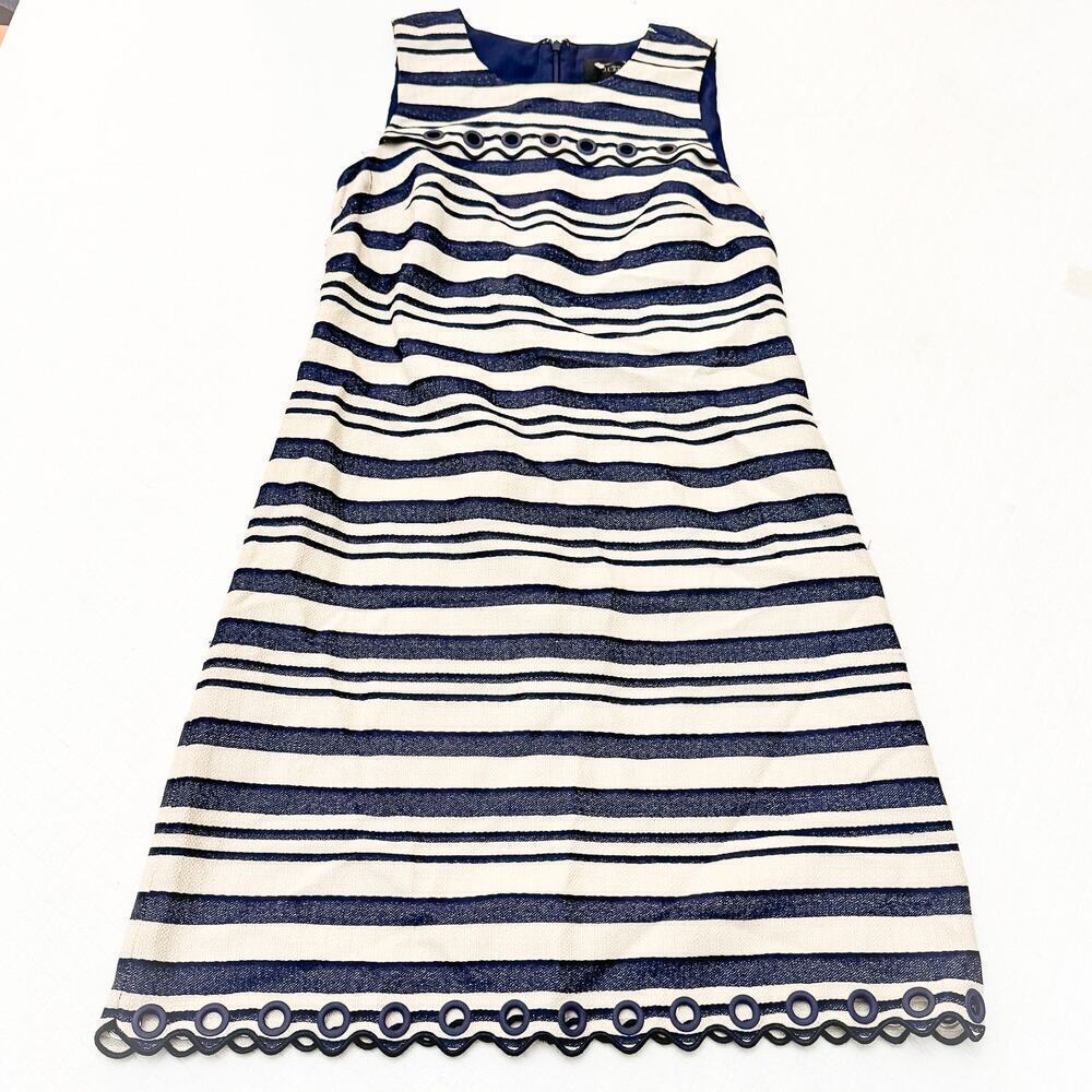 J. Crew Navy Striped Shift Knee Length Dress Eyelet Hem Sleeveless Size 0 EUC